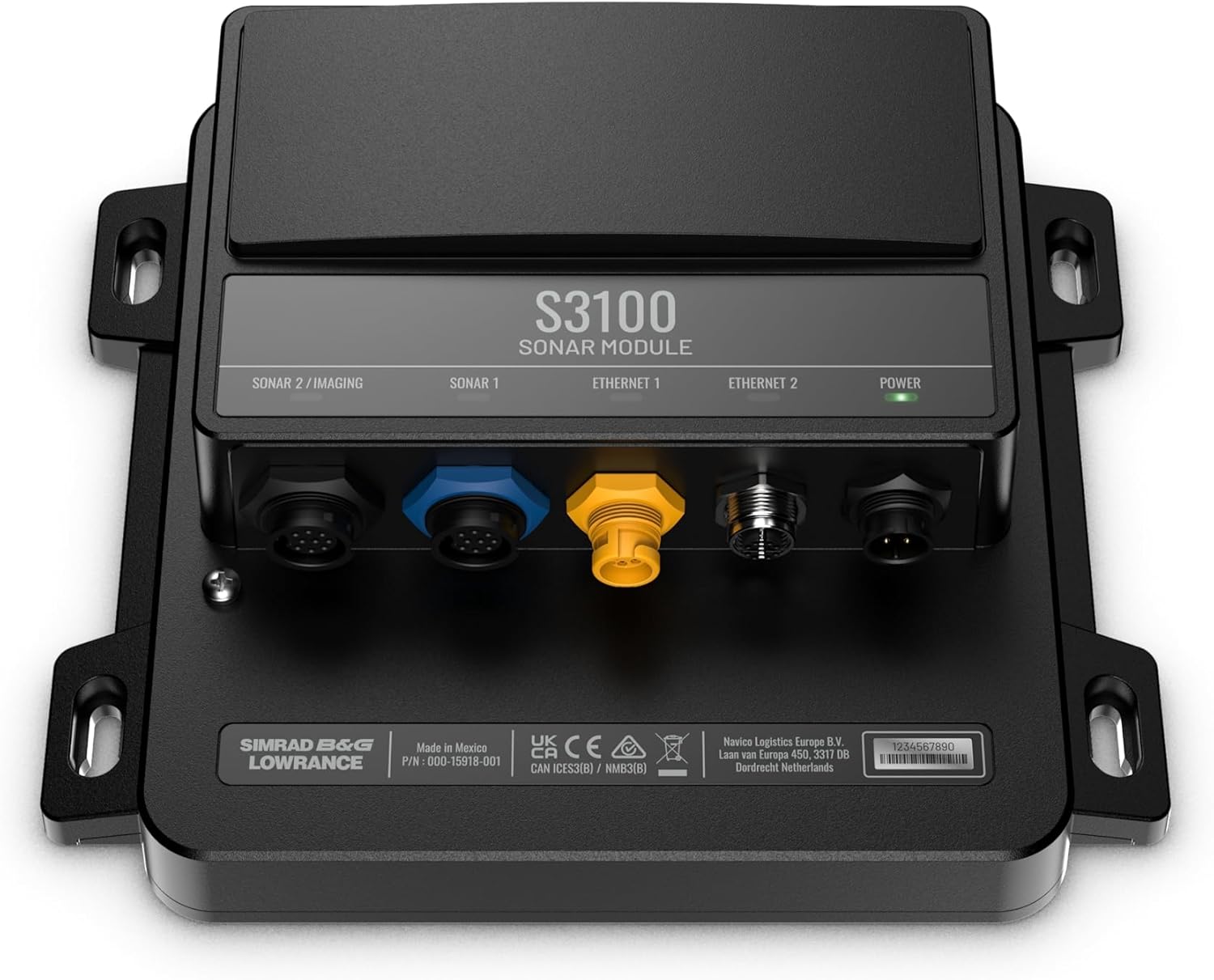 Lowrance S3100 Sonar Module, top-down view showing ports and labels.