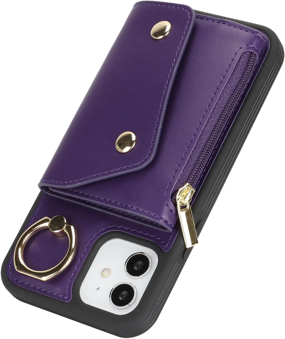 Lipvina for iPhone 12 Case Wallet with Card Holder - Zipper Pocket,Credit Card Slots,RFID Blocking,Stand Ring,PU Leather Double Snap Cover for Women and Men(Dark Purple,6.1 Inch)