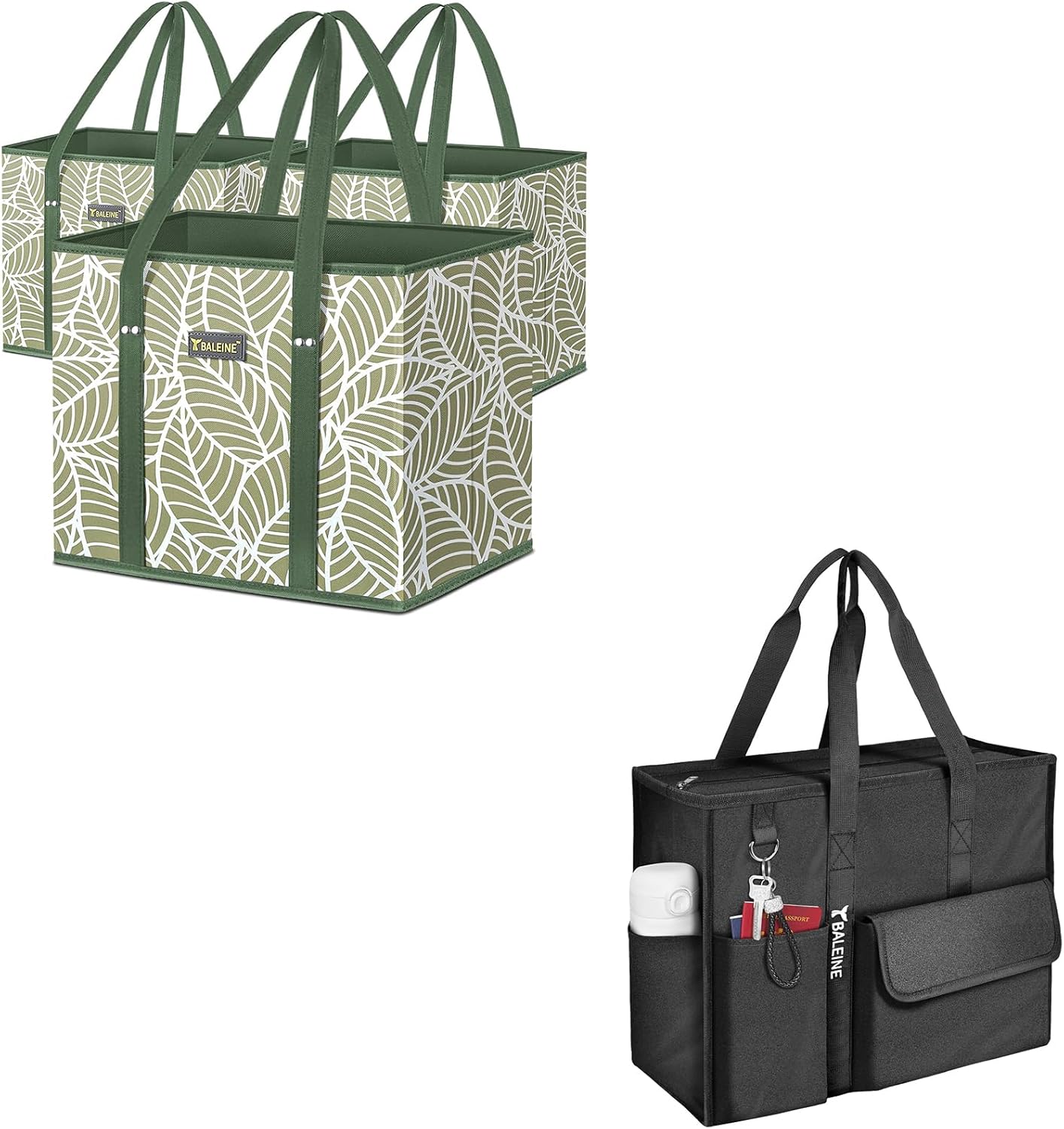 BALEINE 3Pk Reusable Grocery Bags + Large Utility Tote Bag with Reinforced Bottom