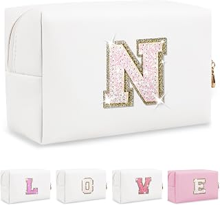 Small Initial Patch Makeup Bag Personalized Gifts Make Up Bag,White Cute PU Leather Glitter Letter Cosmetic Bag with Zipper,Trendy Portable Travel Toiletry Pouch,Preppy Stuff for Teen Girls Women N