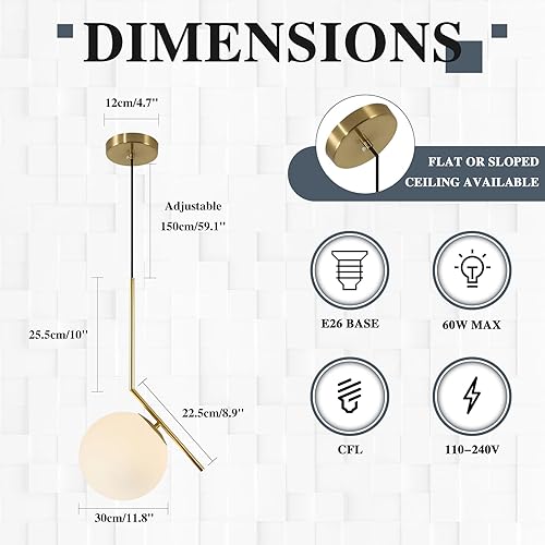 Miniatura 2 de BOKT Lámpara colgante moderna con forma de globo de mediados de siglo, latón cepillado, luz colgante ajustable con vidrio blanco esmerilado para