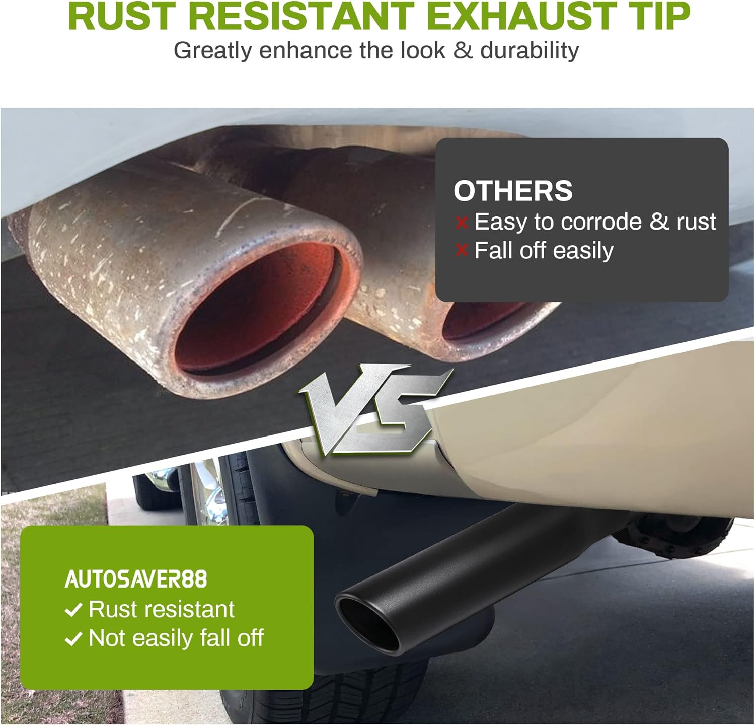 AUTOSAVER88 2.5 Inch Exhaust Tip, 2.5" Inlet 3" Outlet 12" Overall Length Stainless Steel Exhaust Tail Tip, Fits 2 1/2 Inch Outside Diameter Tailpipe, Rolled Angle Cut, Black Powder Coated, Bolt On