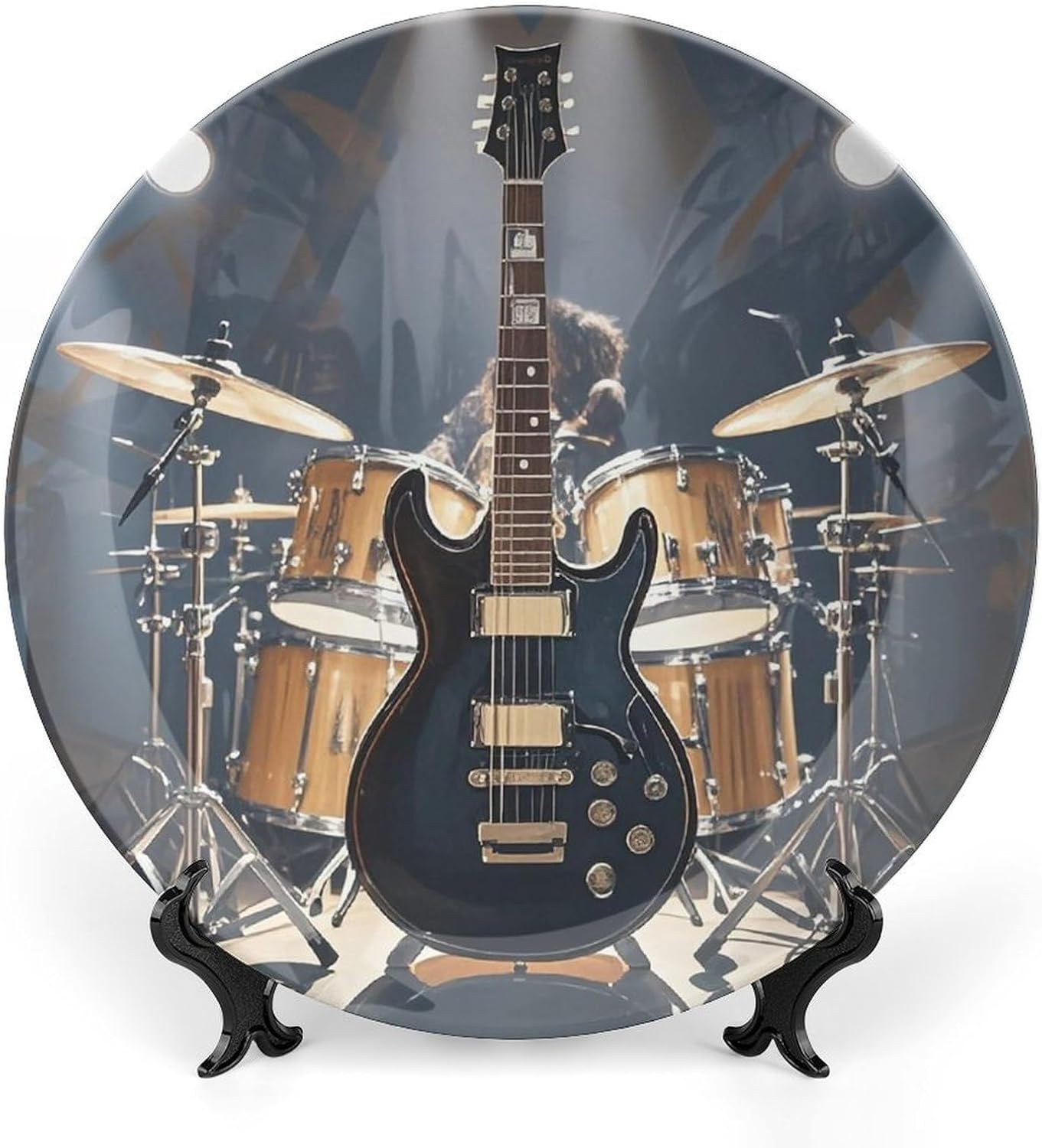 Rock Music Decorative Ceramic Plate Round Porcelain Plate Decor Personalized Bone China Decorative Plates Ceramic Ornaments Dessert Plates with Display Stand 8inch