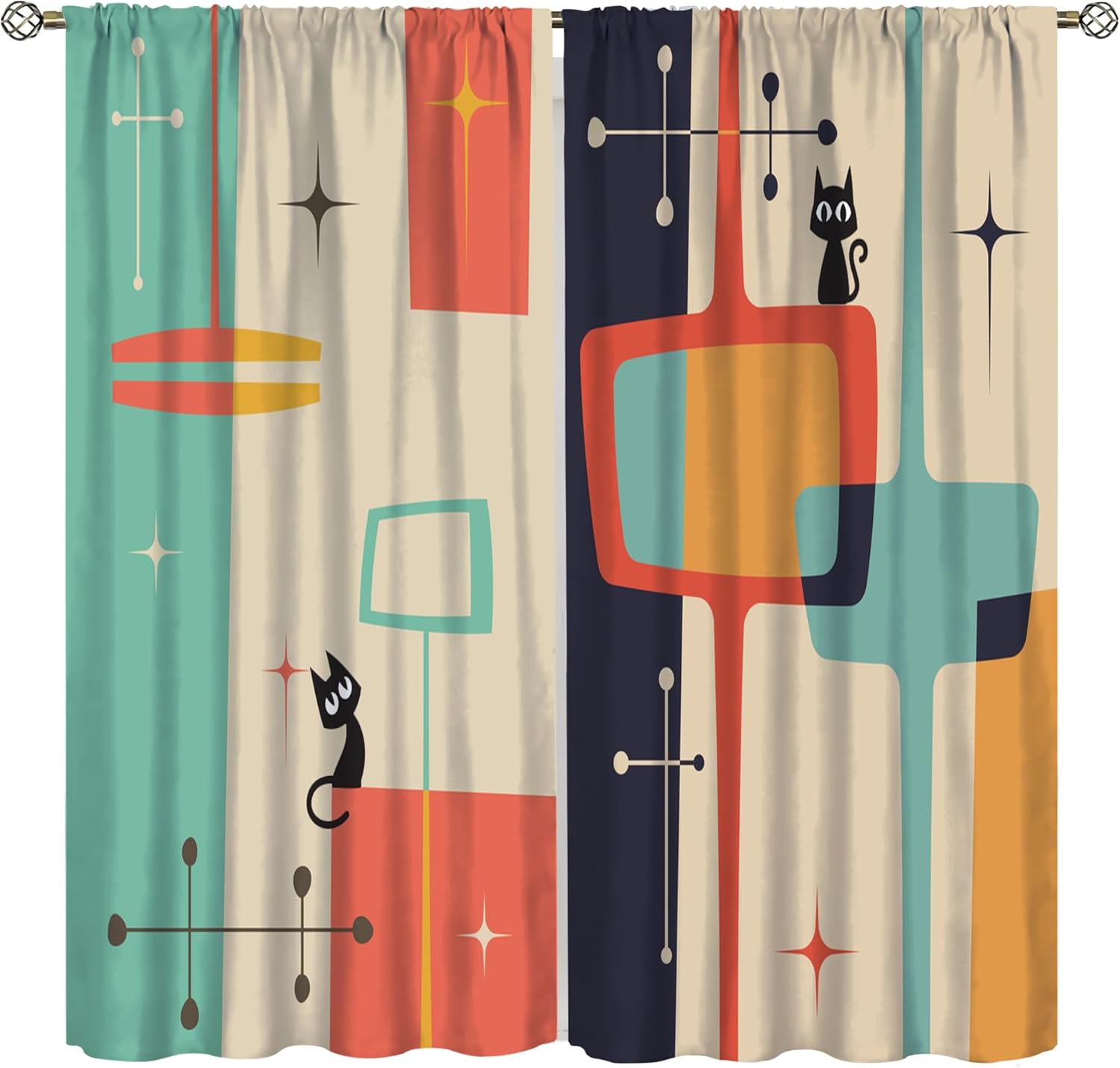 Mid-Century Atomic Blackout Curtains Black Cat Colorful Geometric Shapes Abstract Modern Art Rod Pocket Window Treatments for Boys Girls Bedroom Kitchen Living Dining Cafe 42" W X 45" L
