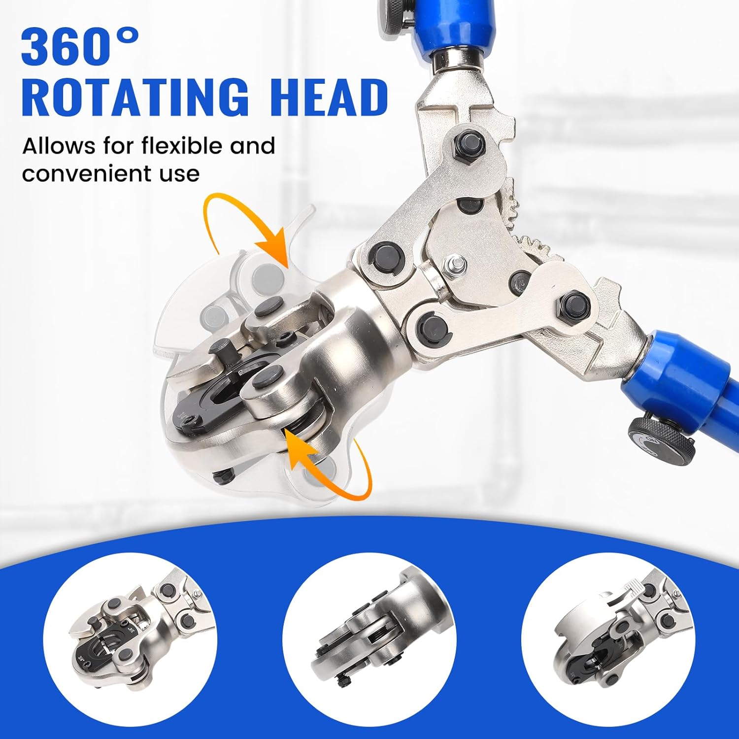 Copper Pipe Crimping Tool with 1/2" 3/4" 1" Jaws, 360° Rotating Head & Extendable Handle for Solderless Copper Fittings