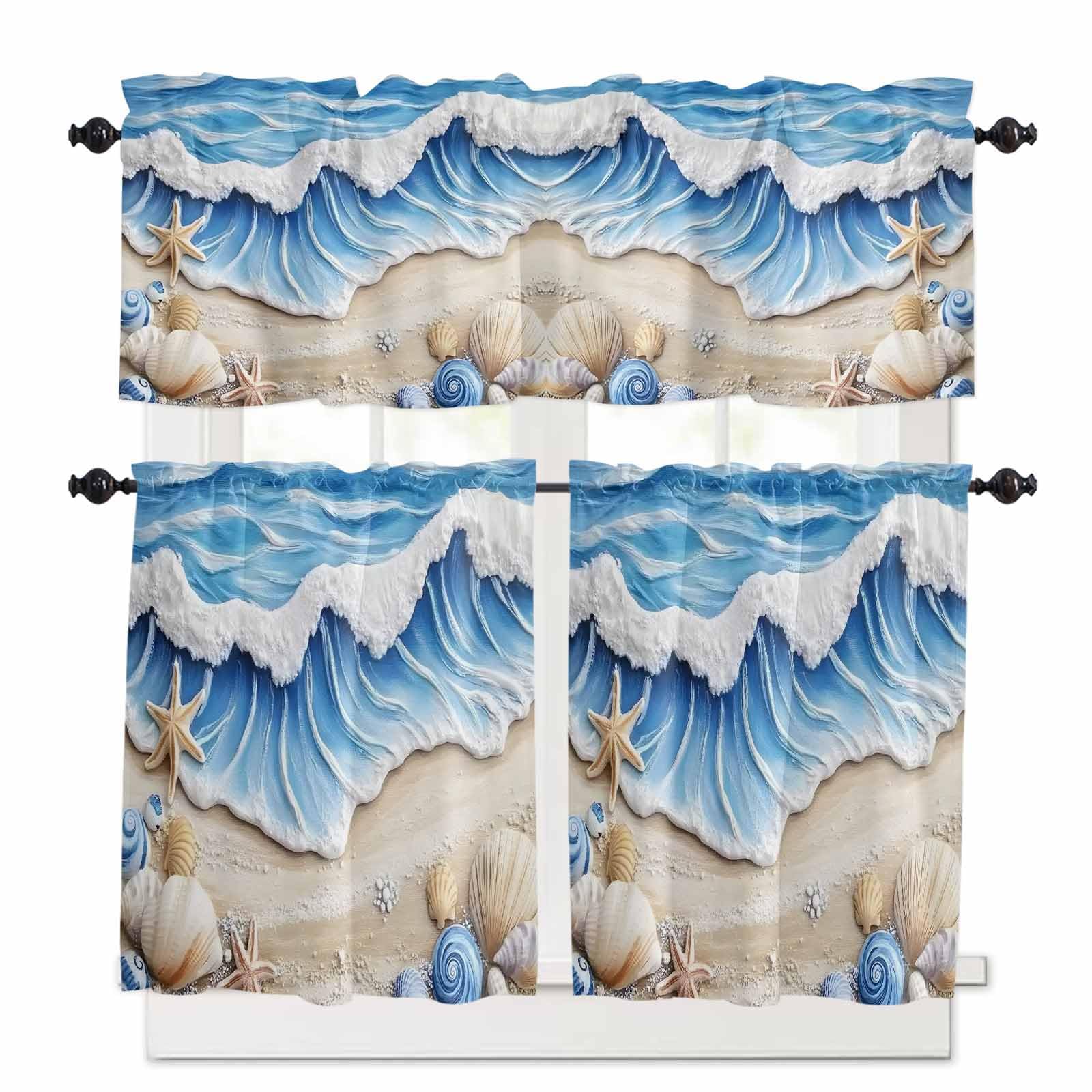 Coastal Beach Kitchen Curtains 36 Inch Length,3 Piece Rod Pocket Small Half Tiers and Valance Set,Blue Ocean Starfish Shell Seashore Sand Small Large Window Treatment Decor for Bedroom/Bathroom Sink