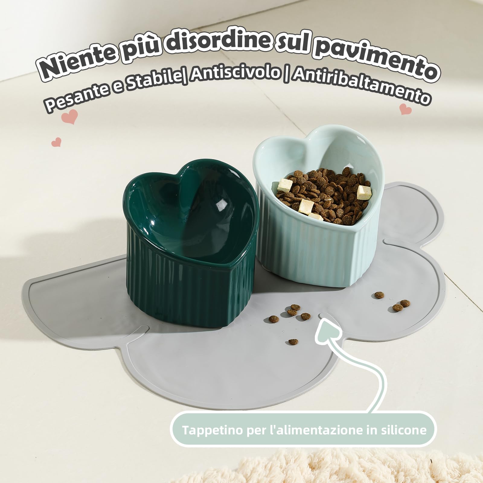 Set 2 Ciotole Rialzate Per Gatti In Ceramica - Inclinate, Anti Vomito, Con Tappetino
