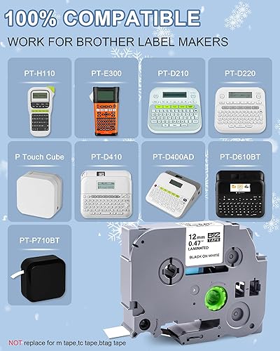 Miniatura 2 de TITBIT Paquete de 6 cintas para etiquetadoras Brother P Touch, 0.472 in, 0.47 pulgadas, laminadas blancas, TZe-231,12 pulgadas, negro sobre blanco