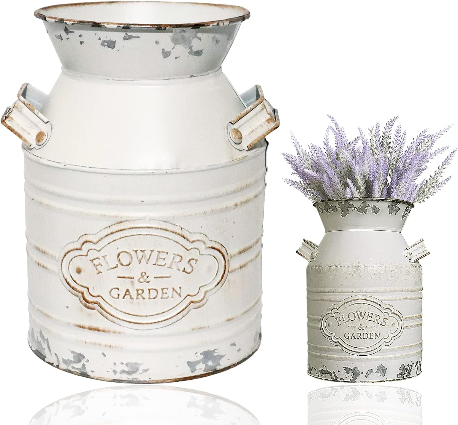 Vintage Metal Flower Vase, Metal Galvanized Milk Can White Farmhouse Vase Decor with Handle for Home Decoration,7.5 inch H