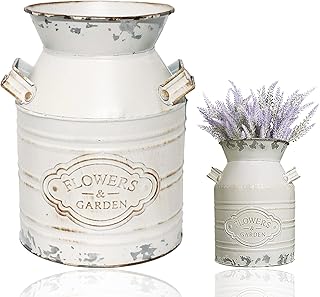 Vintage Metal Flower Vase, Metal Galvanized Milk Can White Farmhouse Vase Decor with Handle for Home Decoration，7.5 inch H