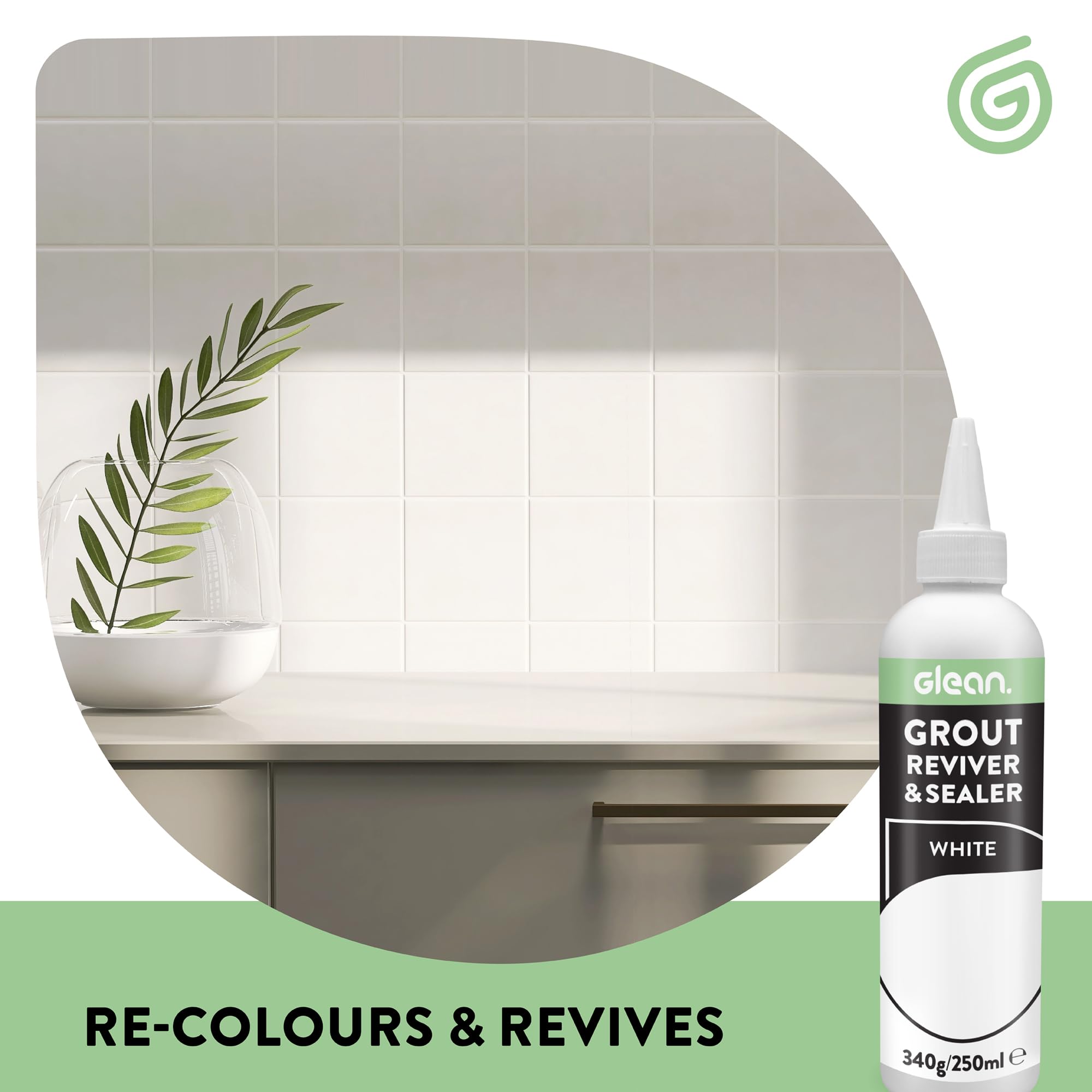 GLEAN Reviver y Sellador de Lechada | Blanco | 340 g | Restaura, Repara, Renueva Azulejos | Incluye Cepillo de Espuma | Resistente a las Manchas y Transpirable