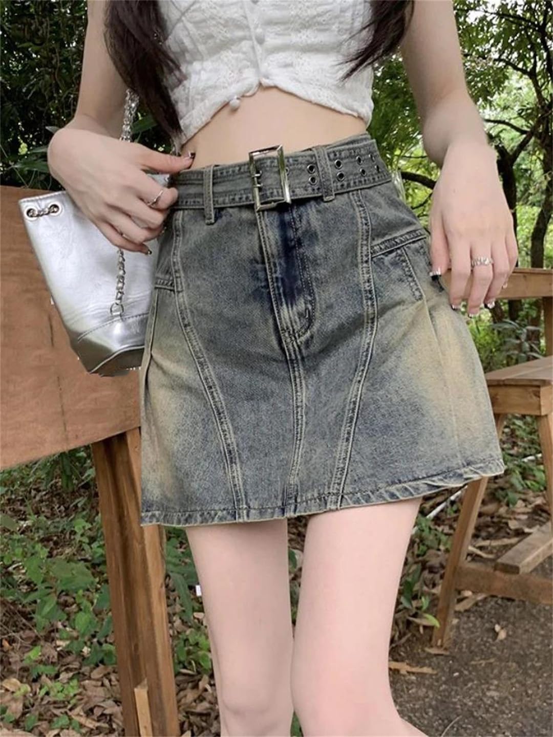 Gonna da donna a vita alta, linea a trapezio, stile vintage, con fusciacche in denim, streetwear
