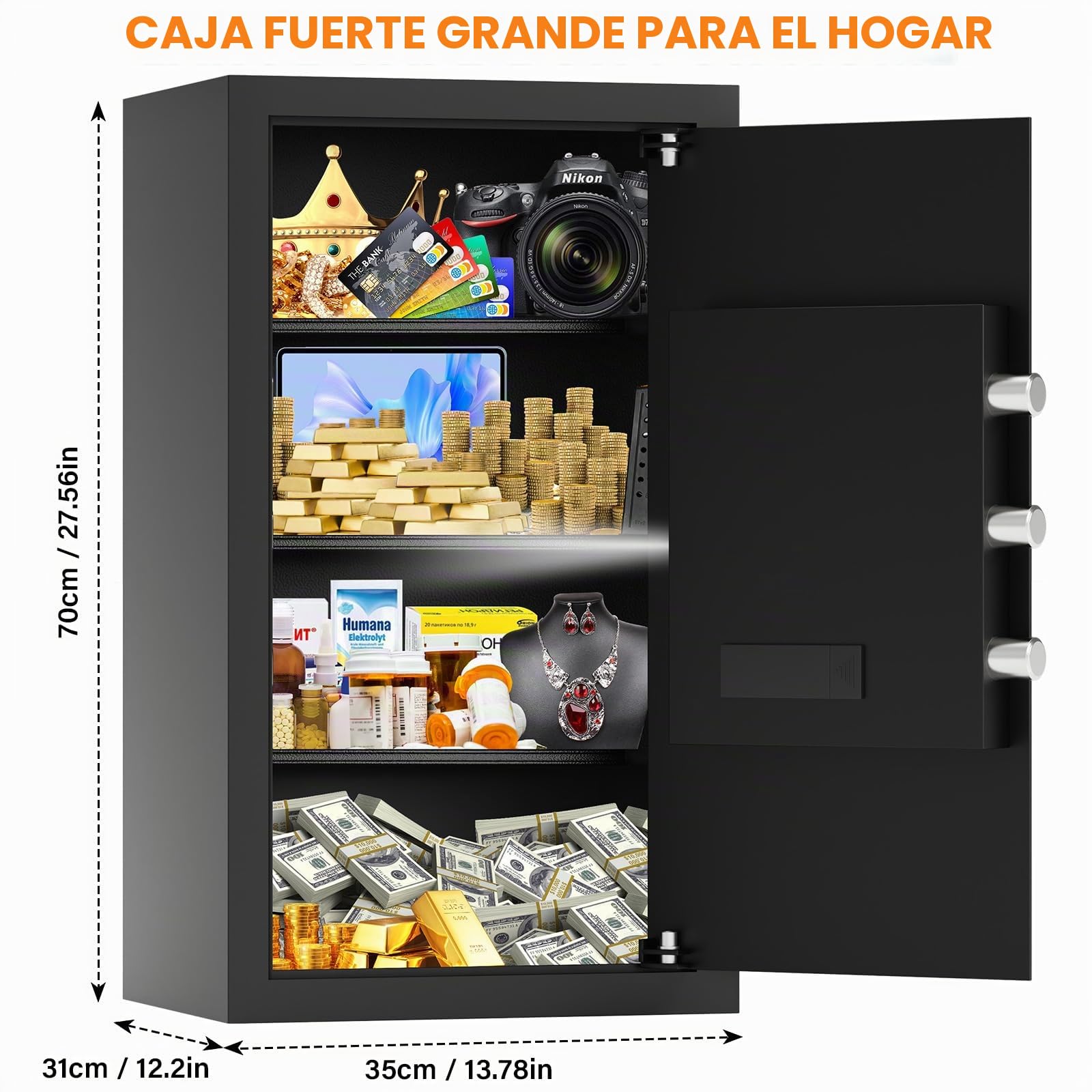 85 l extra grande incombustible caja fuerte para el hogar, caja fuerte ignífuga resistente al agua con llave, luz con sensor y 3 estantes extraíbles, caja fuerte antilibro para dinero, documentos