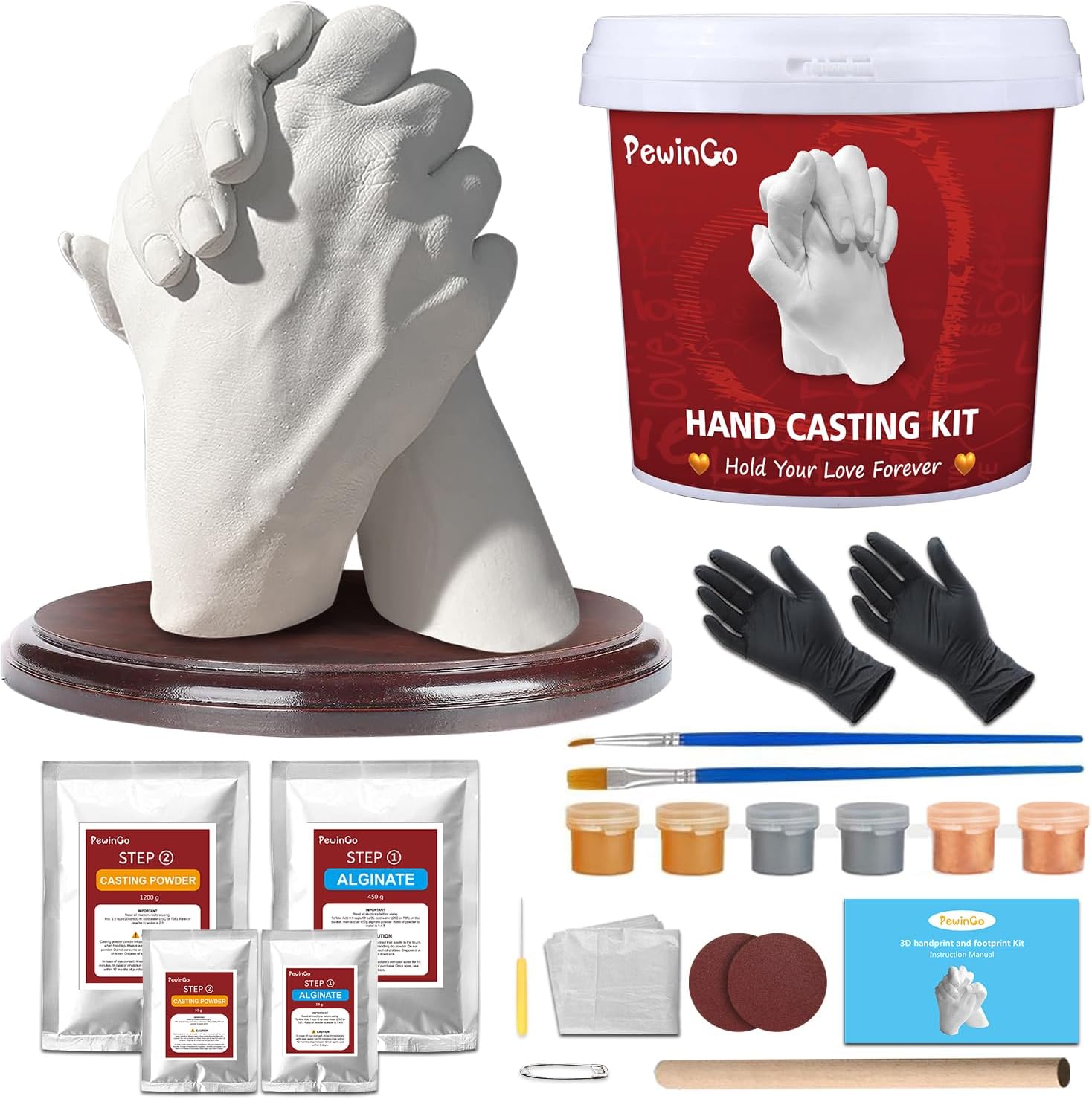 PewinGo Hand Casting Kit Couples with Base,Plaster Hand Mold Casting Kit, Hand Mold Kit,DIY Gifts Ideas for Couples,Valentines,Engagement,Anniversary,Wedding,Boy/Girlfriend