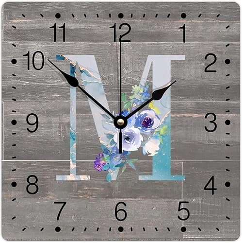 Reloj de pared con monograma inicial M cuadrado de PVC, alfabeto, floral, azul, con apellido, 10 pulgadas, funciona con pilas, divertidos relojes