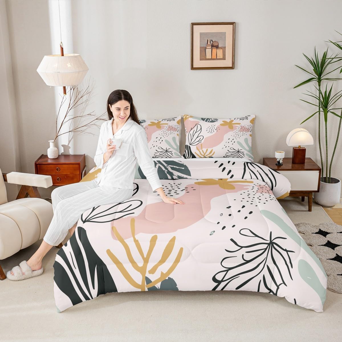 Manfei Abstract Palm Leaves Kids Comforter Set Twin Size,Geometric Line Stripe Dot Bedding Set for Boys Girls Room Decor,Boho Exotic Quilt Comforter,Baby Pink Duvet Set Bedroom Quilt Set,1 Pillowcase