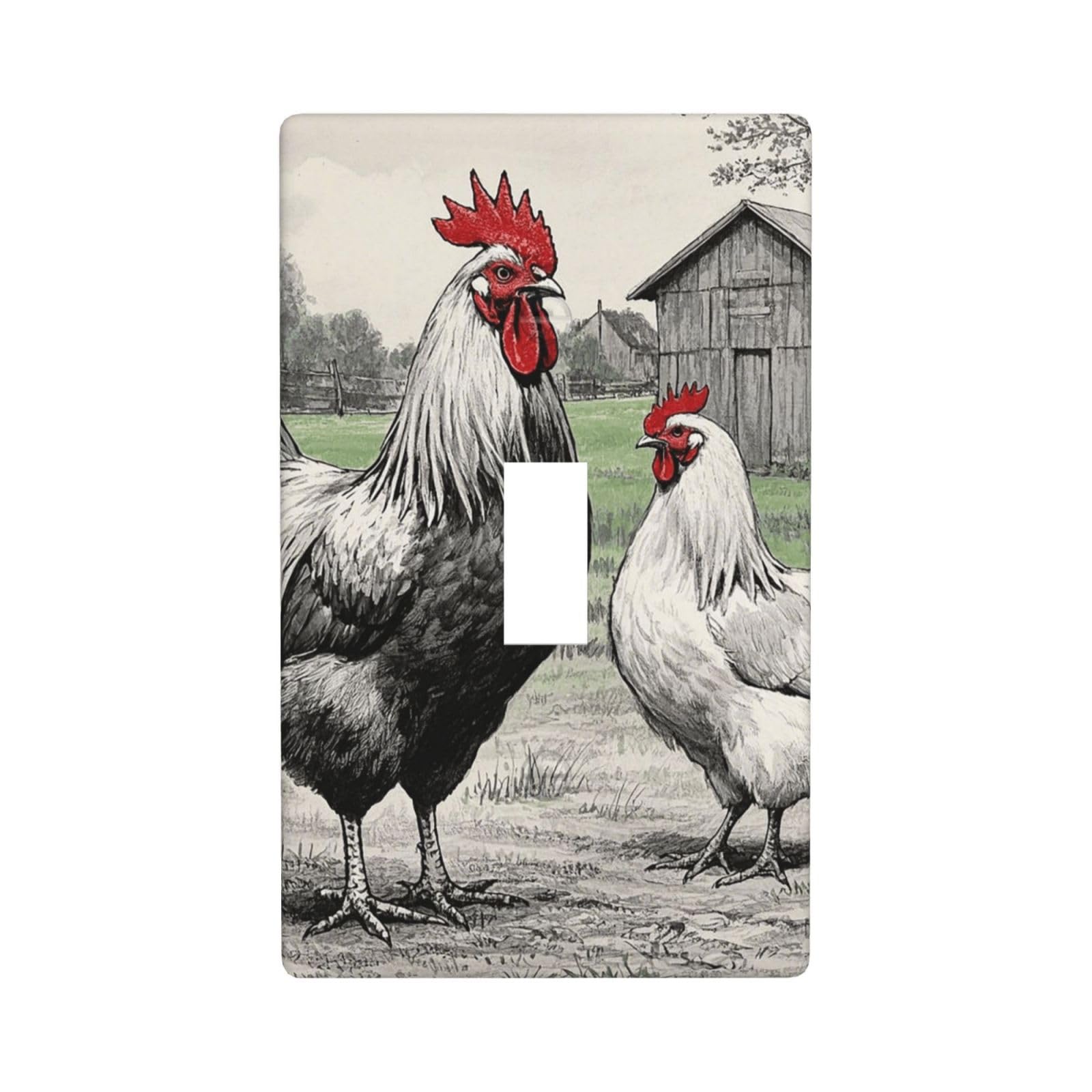 Rooster and hen sketch farm Wall Plate, 1-Gang Decorative Light Switch Covers, Unbreakable Polycarbonate Faceplates Outlet Cover Electrical Receptacle Plug Covers Standard Size, Screws Included