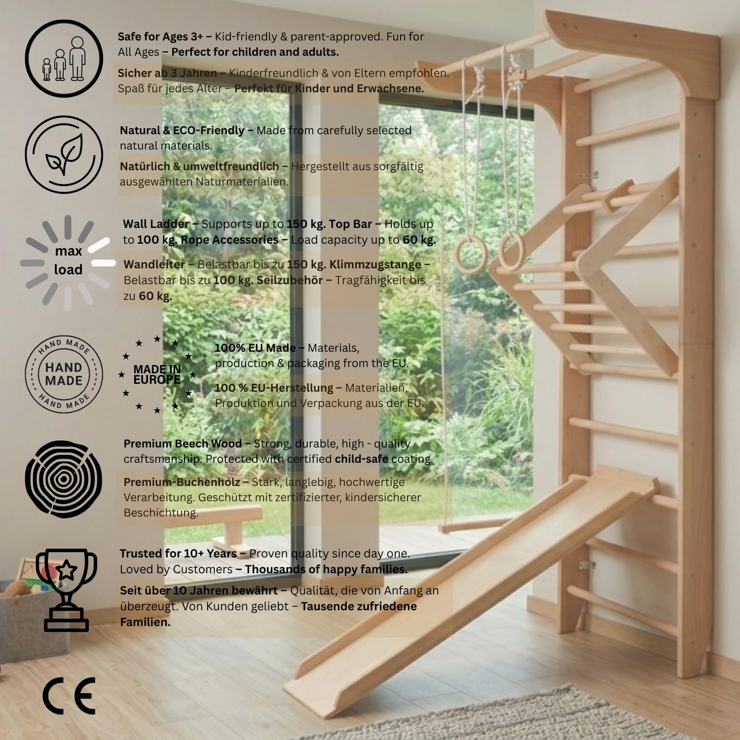 Sprossenwand, Klettergerüst Kinder-5-220, Indoor Holz Sportgerät, Kletterwand, Turnwand, Gym