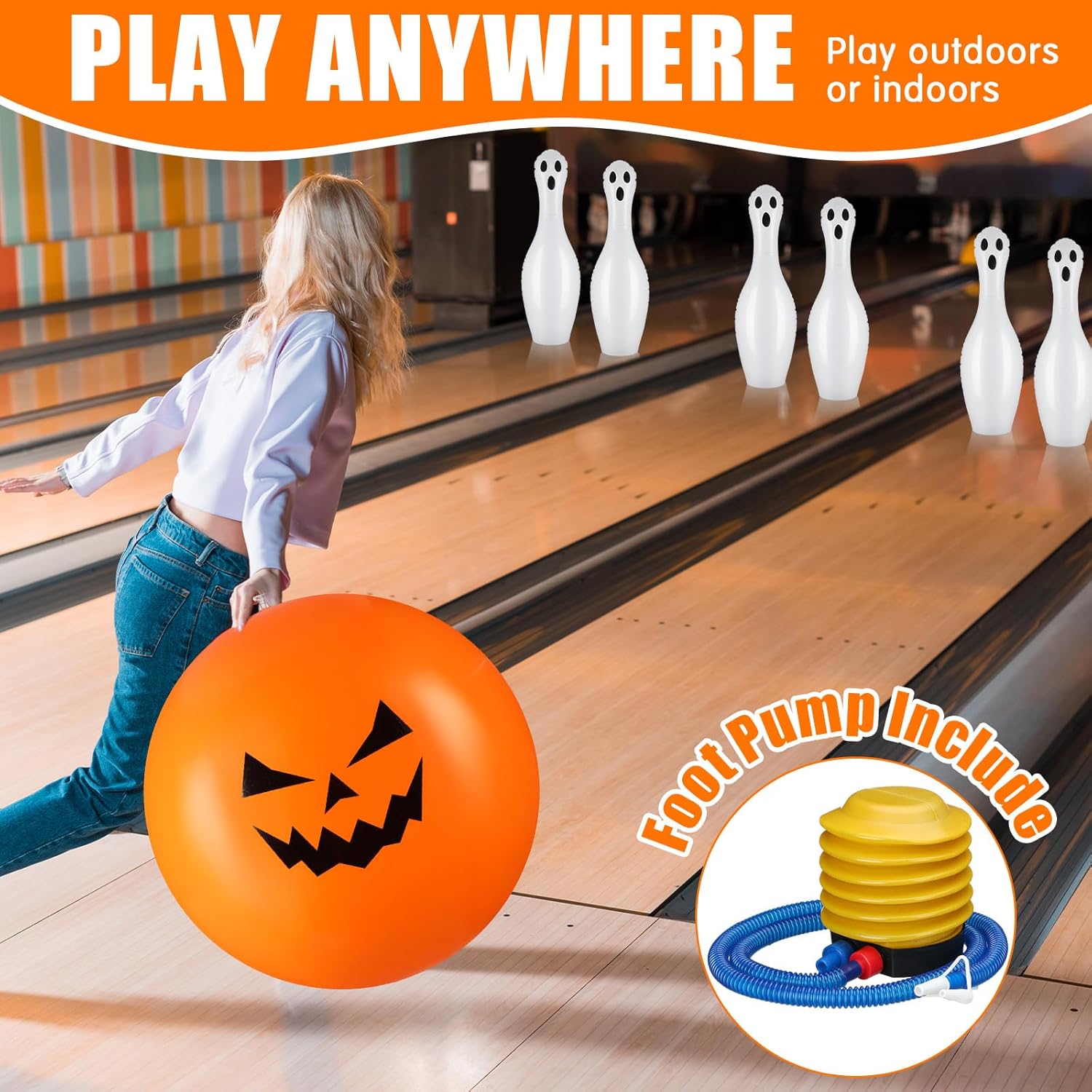 11 Pcs Easter Giant Inflatable Bowling Set 27 Inch Carrot Pins with 23 Inch Bowling Ball Indoor Outdoor for Adults Easter Party Yard Indoor Outdoor Games Supplies(Ghost)