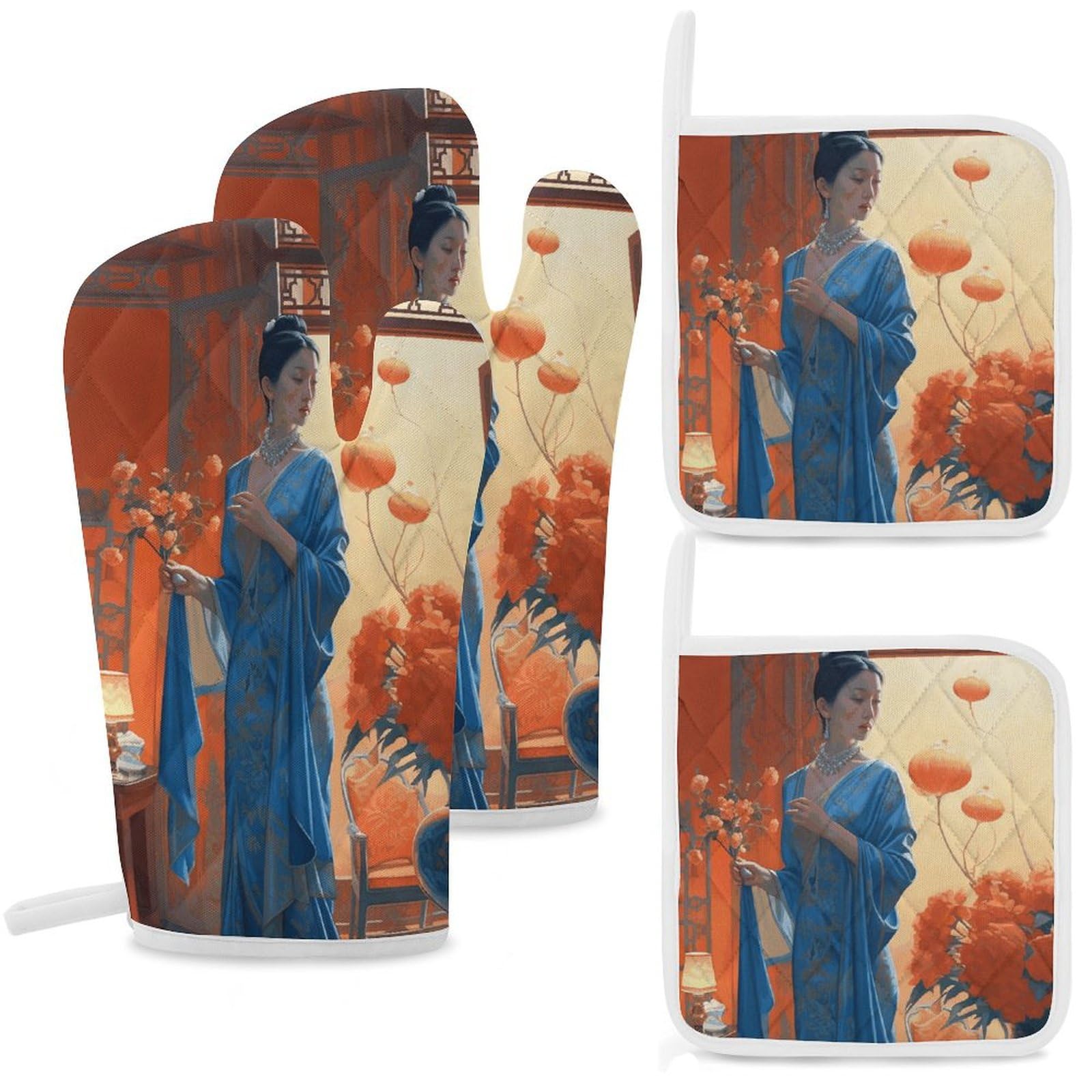 Maniques imperméables pour cuisine et barbecue au motif floral oriental