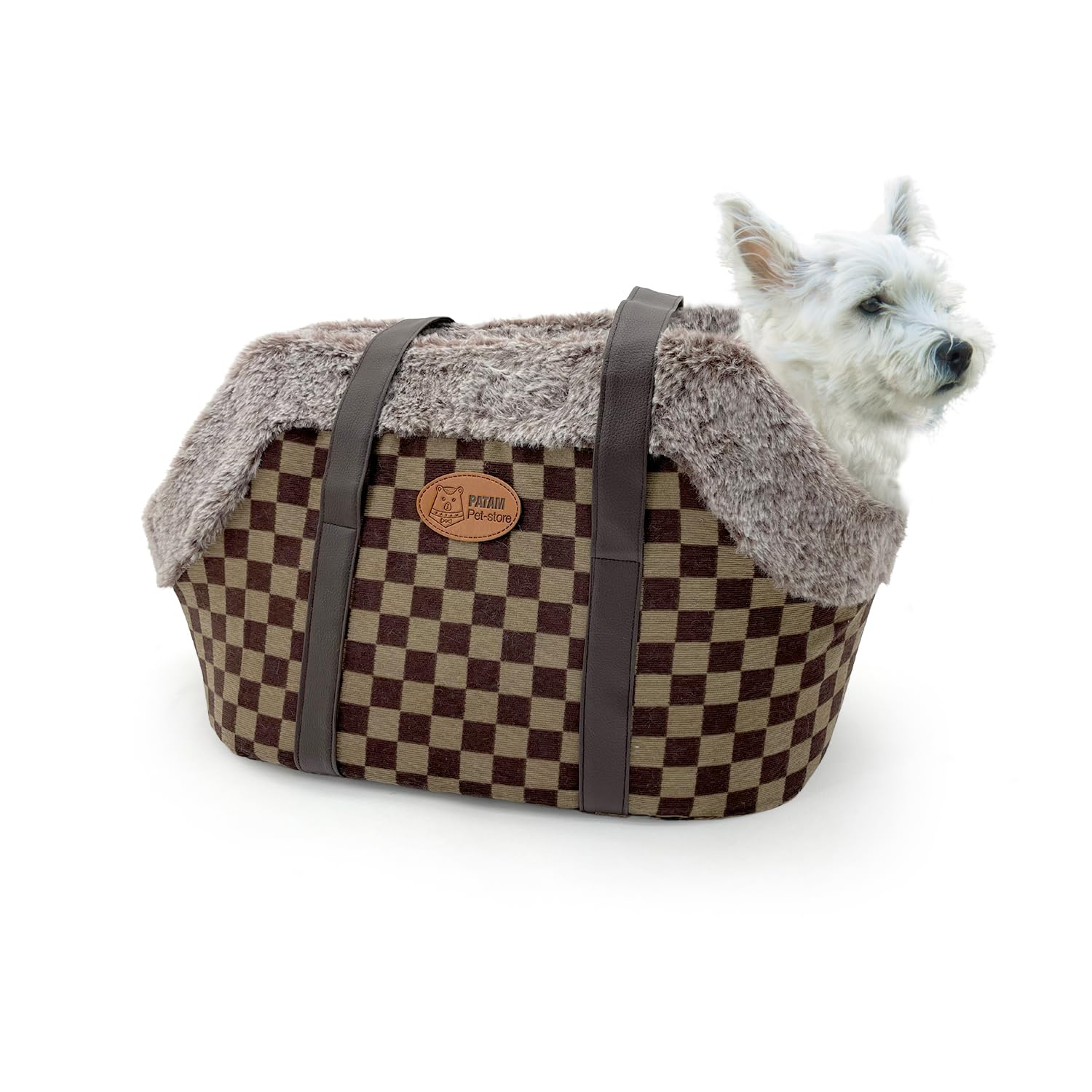 Borsa per Cane e Gatto, Tracolla-Trasportino per Piccoli Animali – Borsa da Viaggio con Interno in Caldo Pile, Chiusura con Bottoni – Travel Scacchi, 42x26x27 cm