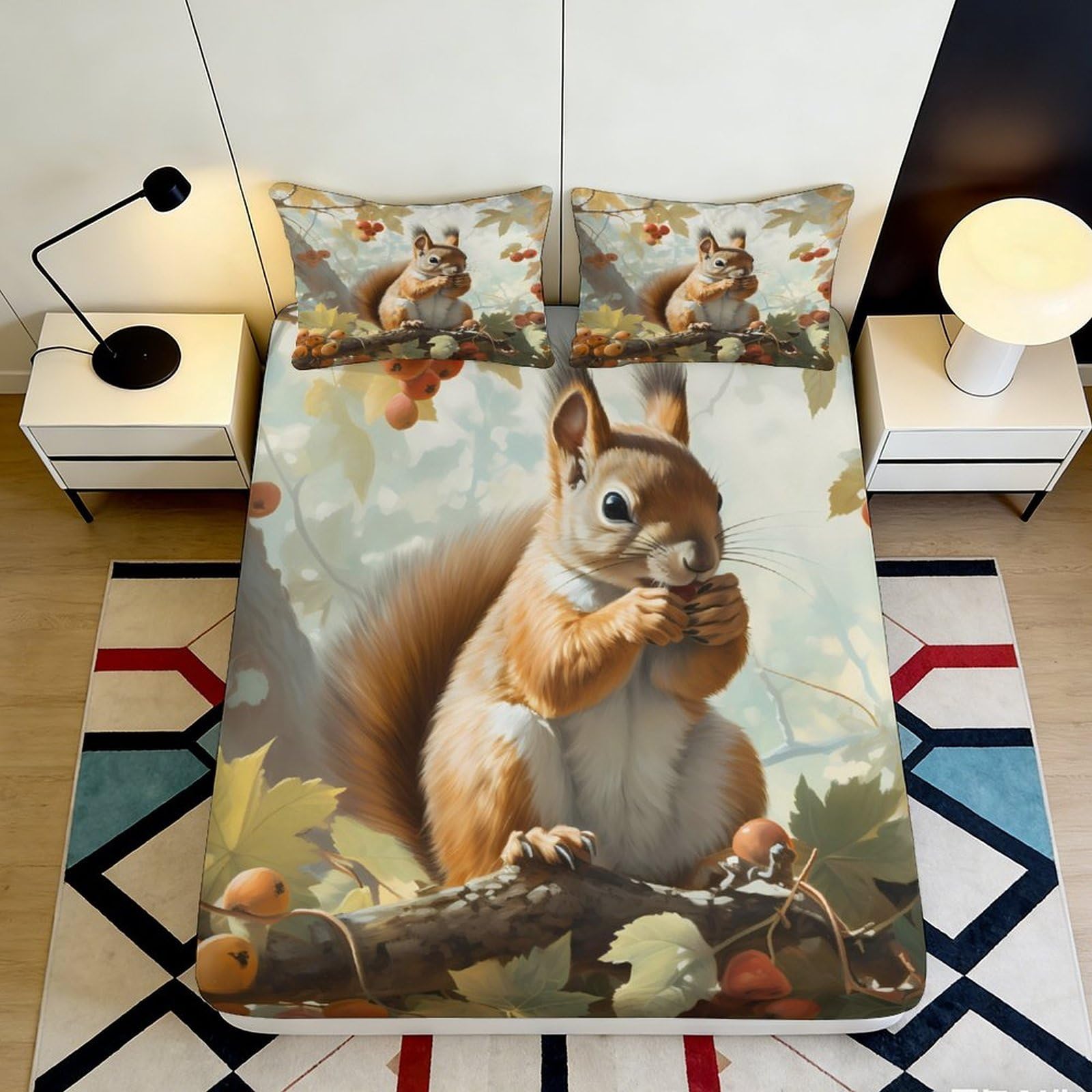 3D Printed Squirrel Forest Fitted Sheet Microfiber Soft Anti-Slip Autumn Woodland Bed Cover for Bedroom Dorm Mattress Decor 120x200x25cm