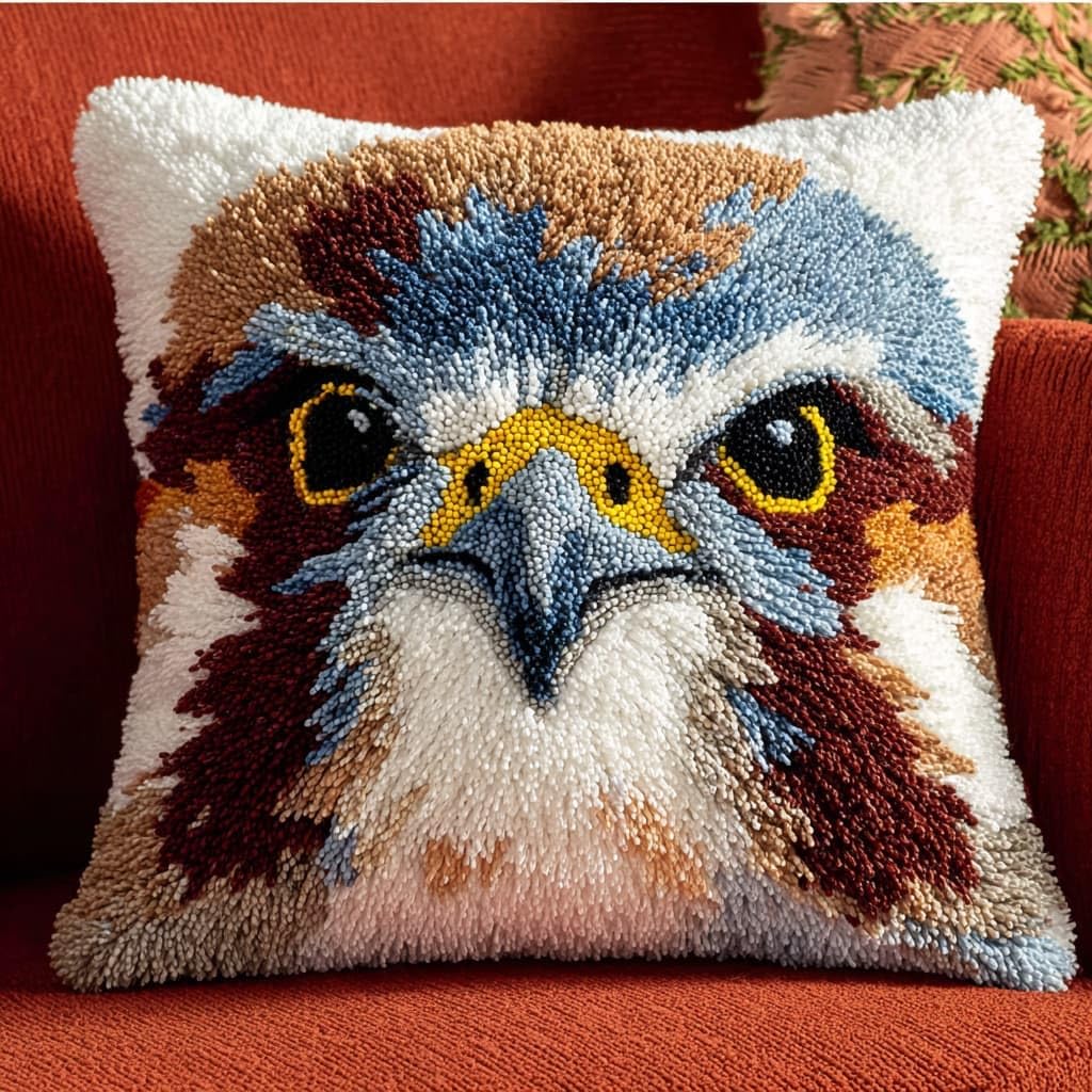 Taxpy DIY Latch Hook Pillow Kits, Animal Eagle Throw Pillow Cover Pre-Printed Patterns Pillowcase Needlework Crochet Yarns Latch Hooking Cushion for Sofa Decor 17x17inch