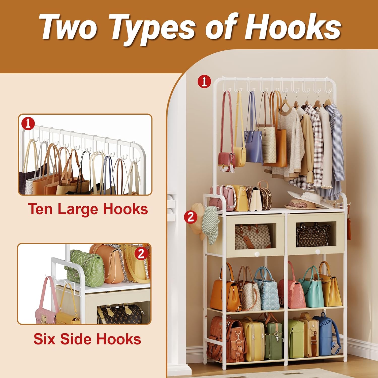 Transparent Purse Organizer for Closet with Dust-proof Drawers, Large Multi-Tier Handbag Storage Rack with Hooks & Clear Panel Doors, Slim Closet Bag Display Cabinet for Purses, Hats & Accessories