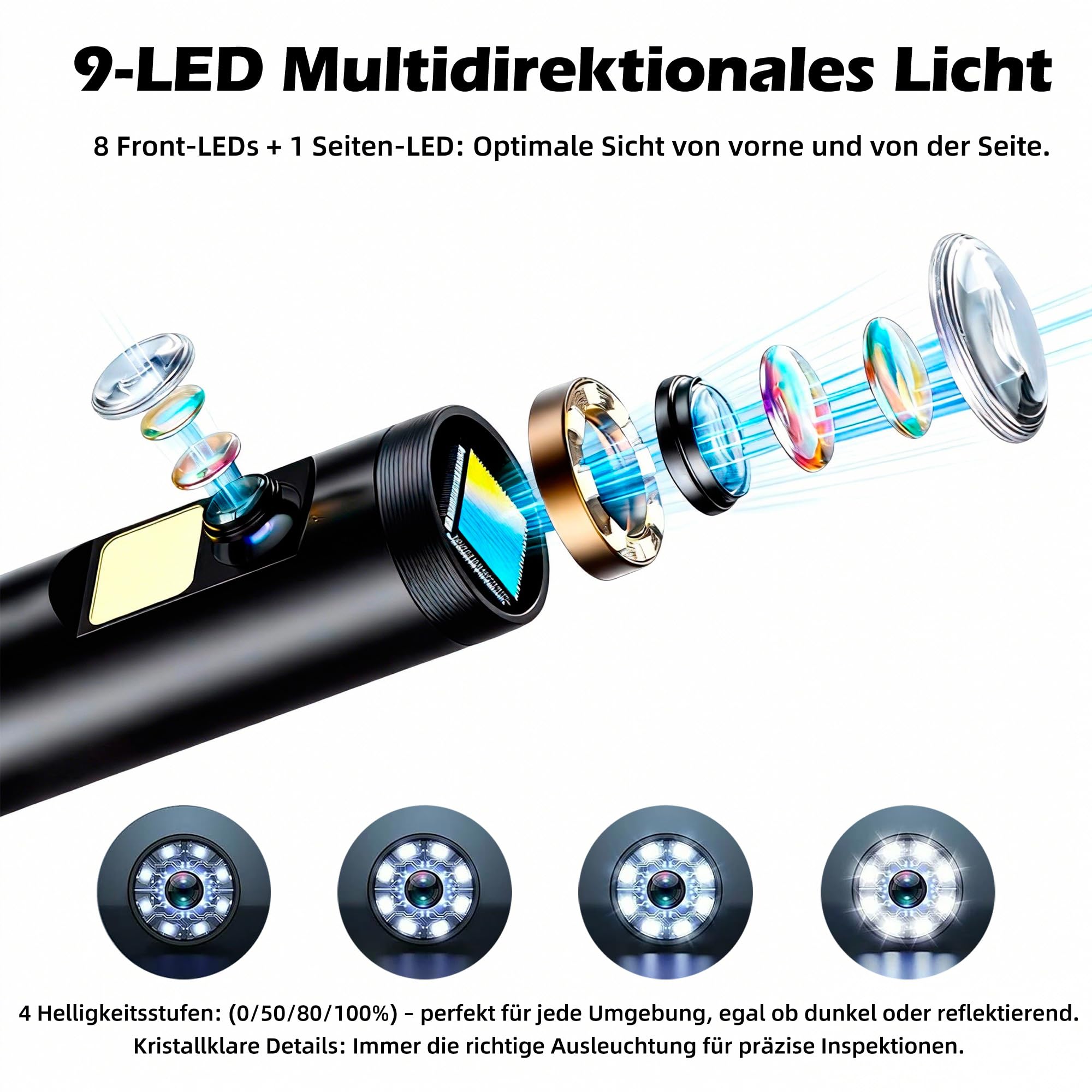 Endoskopkamera mit Licht, IP67 wasserdichte Endoskop, 5" IPS Bildschirm Inspektionskamera, 2MP HD Rohrkamera mit 9 Einstellbaren LEDs, 5M Halbstarres Kabel