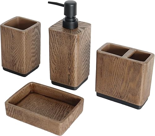 Miniatura 2 de Hymmah Juego de accesorios de baño con diseño de grano de madera, decoración de baño de granja, juego de regalo de resina de 4 piezas, necesidades