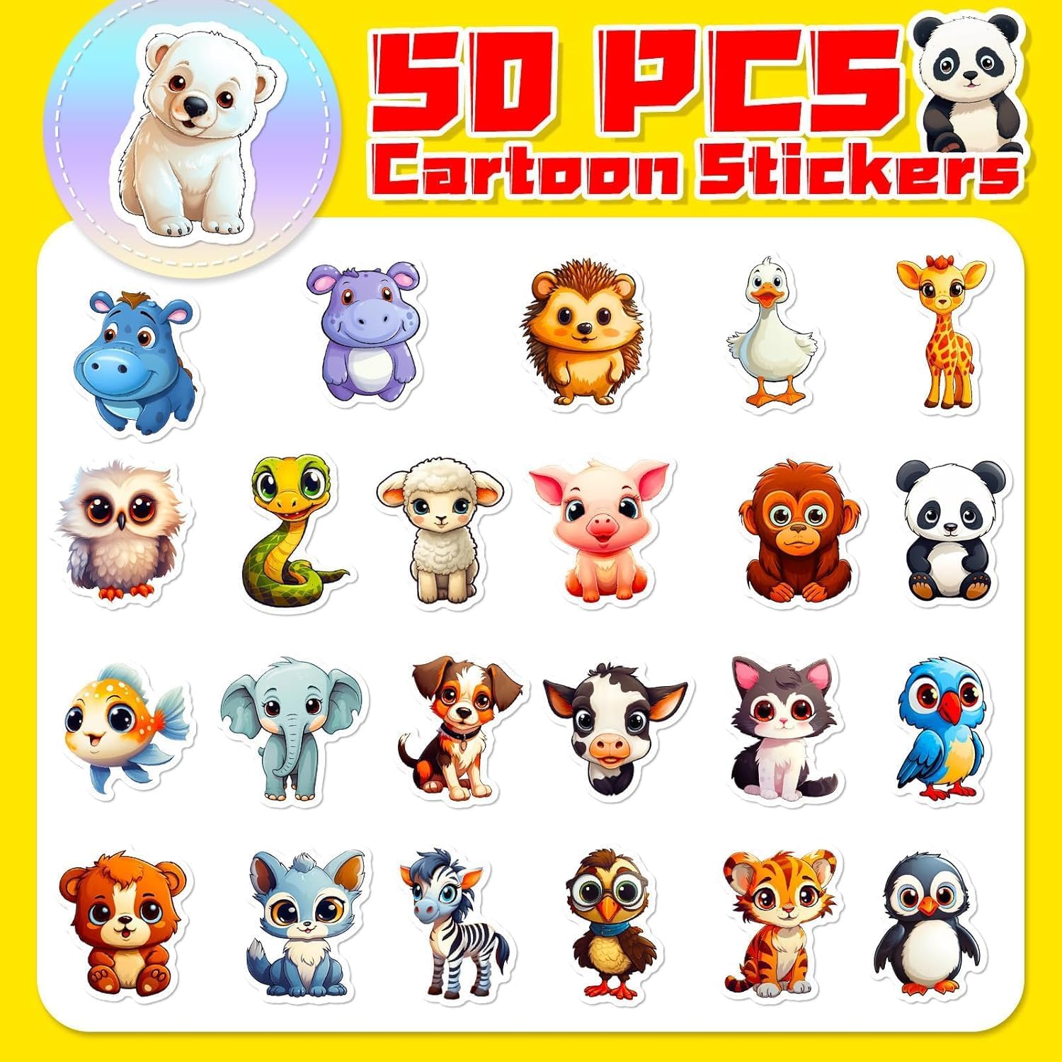 50pcs Cute Fat Animal Stickers - Zoo Party, Waterproof Vinyl Cartoon Animal Stickers for Water Bottle, Laptop, Phone Case, Cup, Guitar - Forest Woodland Watercolor Stickers for Kids & Teens