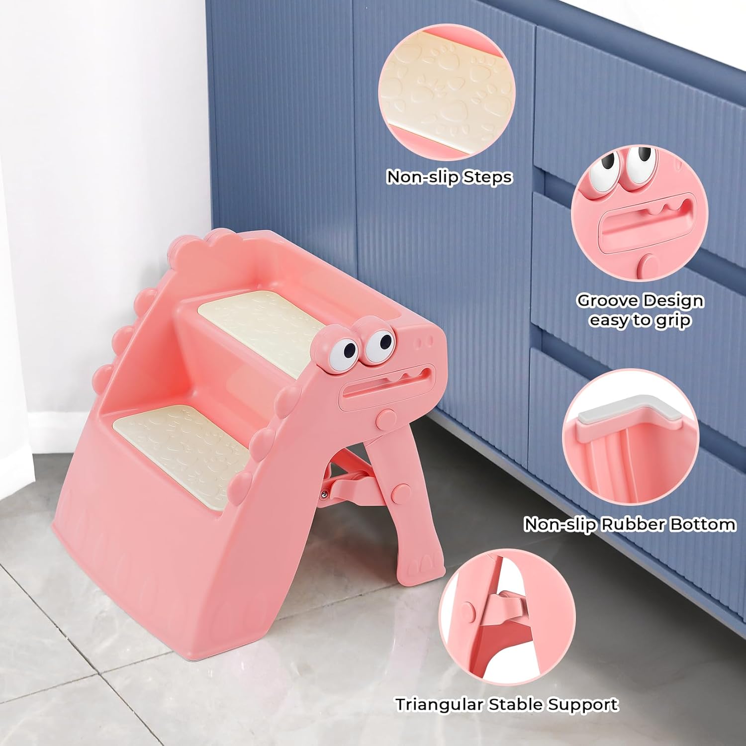 Onasti Toddler Step Stool Foldable Kids Step Stool,Bathroom Stool for Toddlers Non-Slip Toddler Step Stool for Bathroom Sink and Kitchen Counter with Cute Dinosaur Design(Pink)