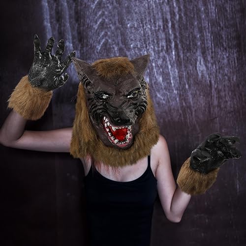 Miniatura 6 de Wettarn Disfraz de máscara de hombre lobo de Halloween para adulto, máscara de cabeza de hombre lobo, cola de lobo de piel sintética gris, guantes
