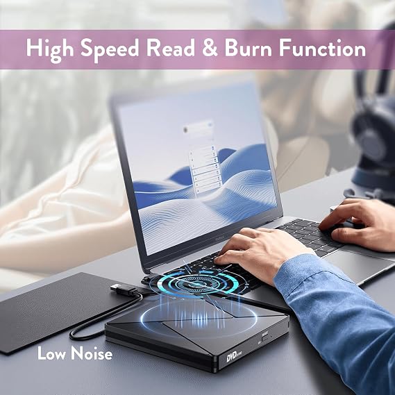External CD DVD Drive for Laptop USB 3.0 Type-C Slim Portable Player CD DVD RW Writer Reader Burner, Low Noise Optical External Disk Drive for Desktop, PC, Mac OS,Windows 11/10/8/7/XP/2003/Vista/Linux