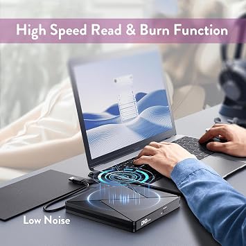 External CD DVD Drive for Laptop USB 3.0 Type-C Slim Portable Player CD DVD RW Writer Reader Burner, Low Noise Optical External Disk Drive for Desktop, PC, Mac OS,Windows 11/10/8/7/XP/2003/Vista/Linux