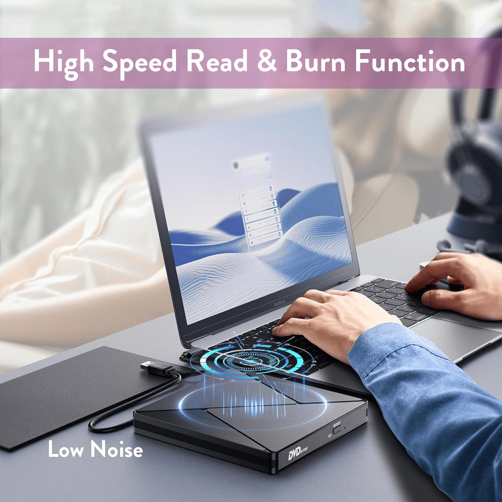 External CD DVD Drive for Laptop USB 3.0 Type-C Slim Portable Player CD DVD RW Writer Reader Burner, Low Noise Optical External Disk Drive for Desktop, PC, Mac OS,Windows 11/10/8/7/XP/2003/Vista/Linux — view 4