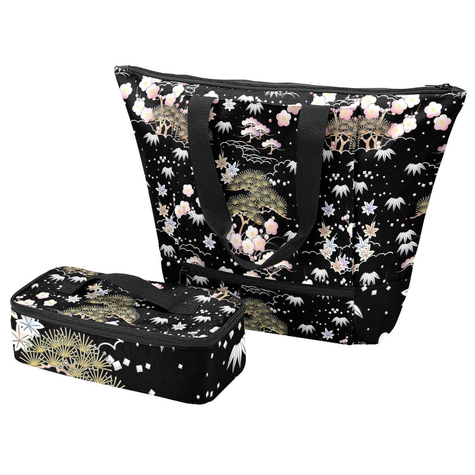 Sac fourre-tout et boîte à déjeuner isotherme noire motif arbre à fleurs pour le travail