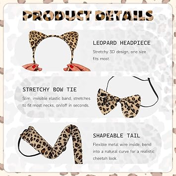 4PCS Leopard Costume Accessories Cheetah Ears Headband Set, Leopard Head Band/Cat Bow Tie/Tail/Body Stickers Animal Ears Headband Accessories for Halloween Cosplay Party