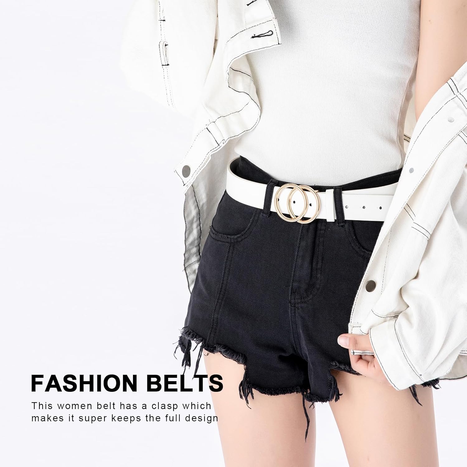 Women Faux Leather Belt for Jeans Dress Waist Belts with Gold Ring Buckle - Image 3