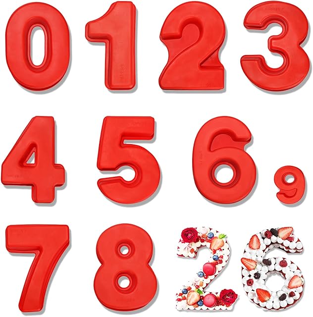 ANSTEEP 10 Inch 9 Pieces Large Size Number Cake Tin Moulds, Silicone Number Cake Baking Pan, 3D Large Number Cake Molds Set 0-9 for Birthday Festival Marry Anniversary Wedding Party