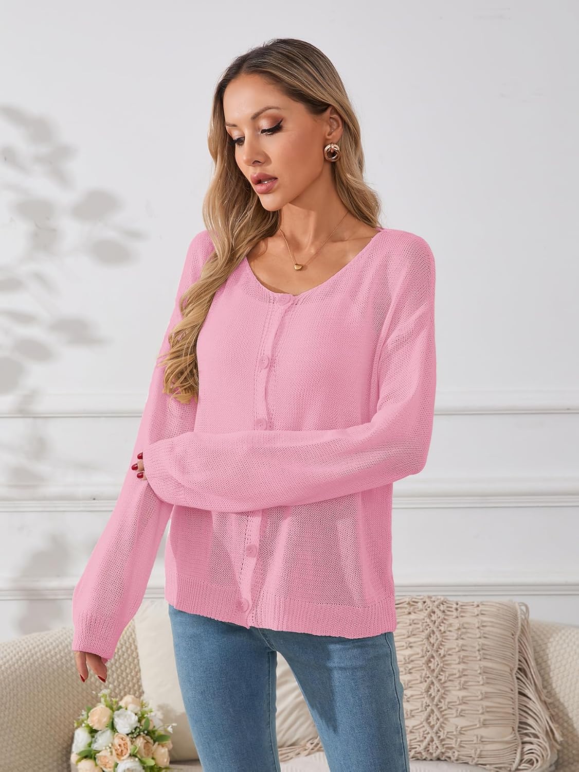 Womens Lightweight Button Down Cardigan Sweater Fall 2025 Thin Sheer Knit Crew Neck Long Sleeve Pullover Sweaters - Image 4