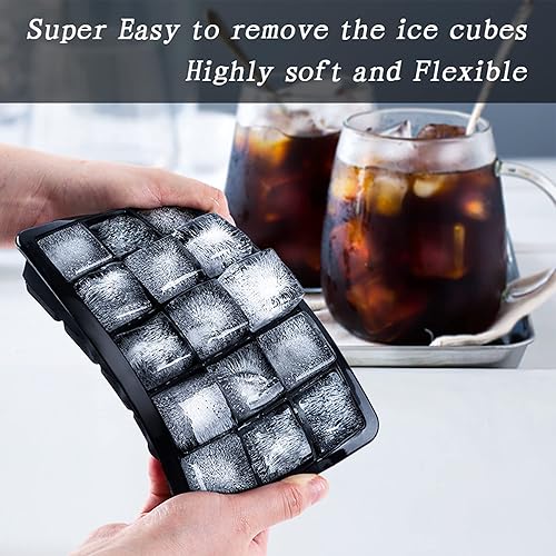 Miniatura 3 de LessMo Bandeja para cubitos de hielo con tapa, 2 unidades, moldes de silicona para cubitos de hielo, fácil liberación, 15 cubitos de hielo cuadrados