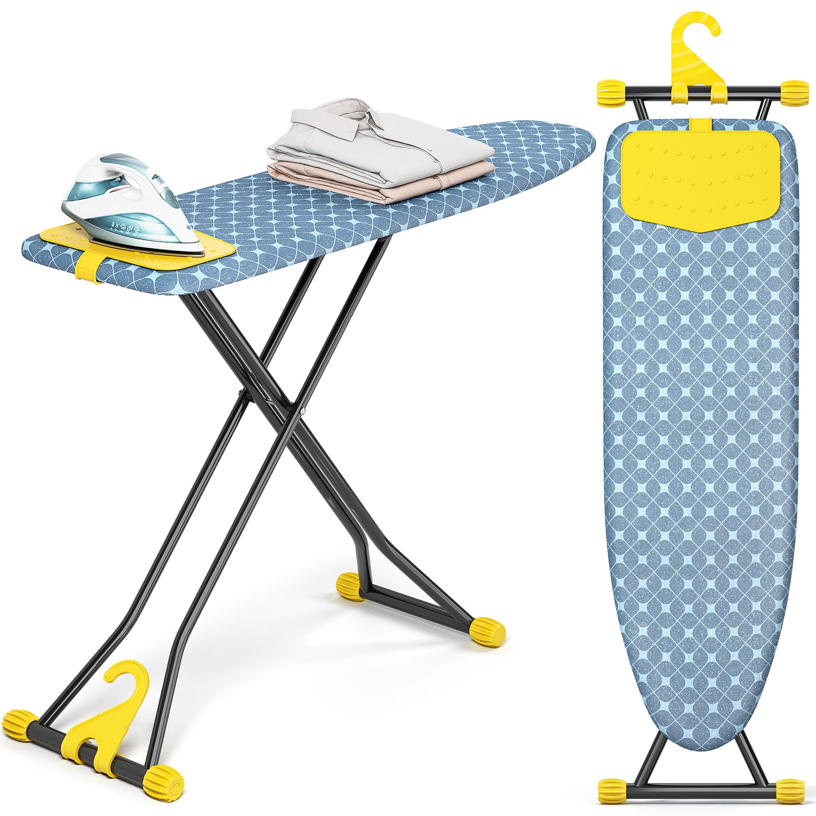 KINGBOARD Ironing Board, Compact Iron Board with Silicon Iron Mat, Heat Resistant Cover, 7 Height Adjustable, Foldable Ironing Board Wall Mount Hanger, 13x43 Yellow