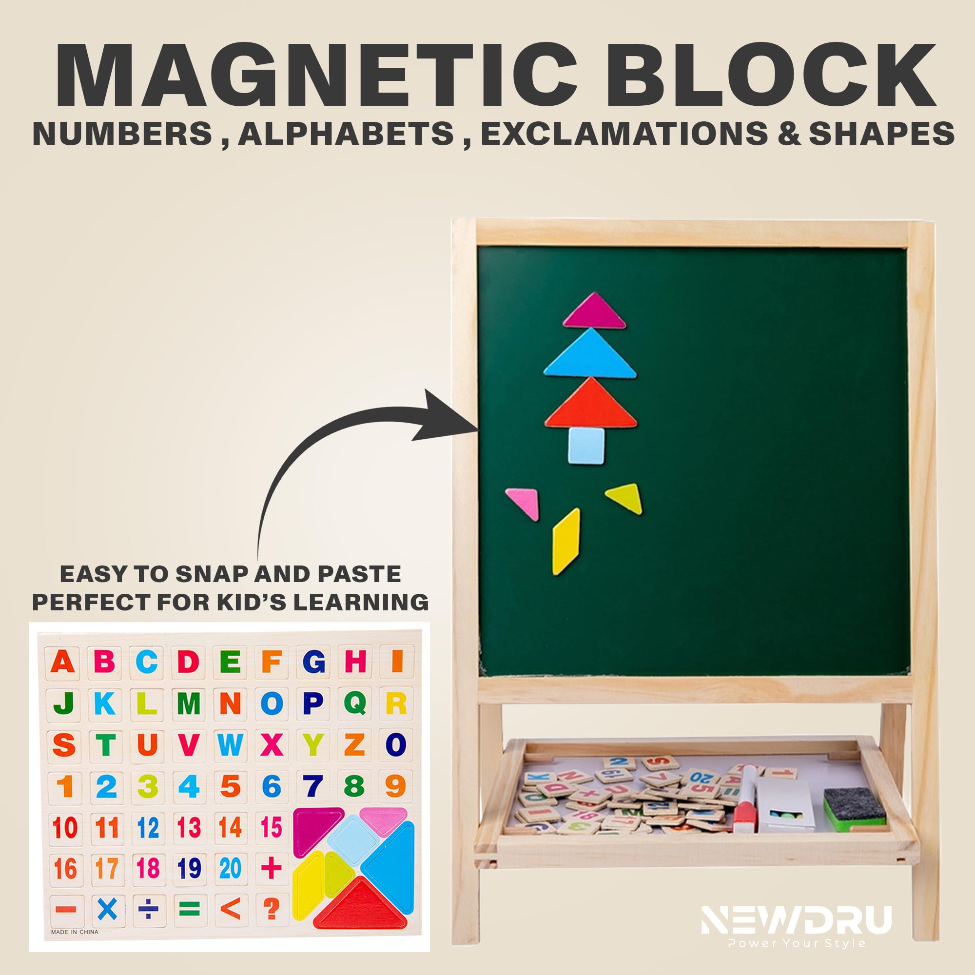 Newdru SketchBoard Pro Double-Sided Kids Drawing Board with Chalk & Marker Surfaces | Wooden Frame with Height Adjustable Drawing Stand for Kids Learning - Gifts for Toddlers - 27 x 40cm - Image 3 thumbnail