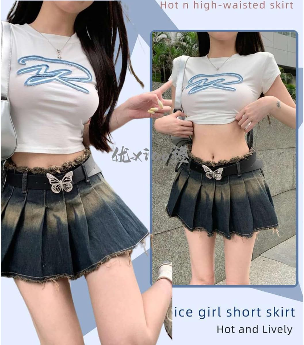 Retro American Gothic Spicy Girl Denim Short Skirt, Sexy Patchwork Women's Design Sense high Waisted Pleated Skirt - Image 2