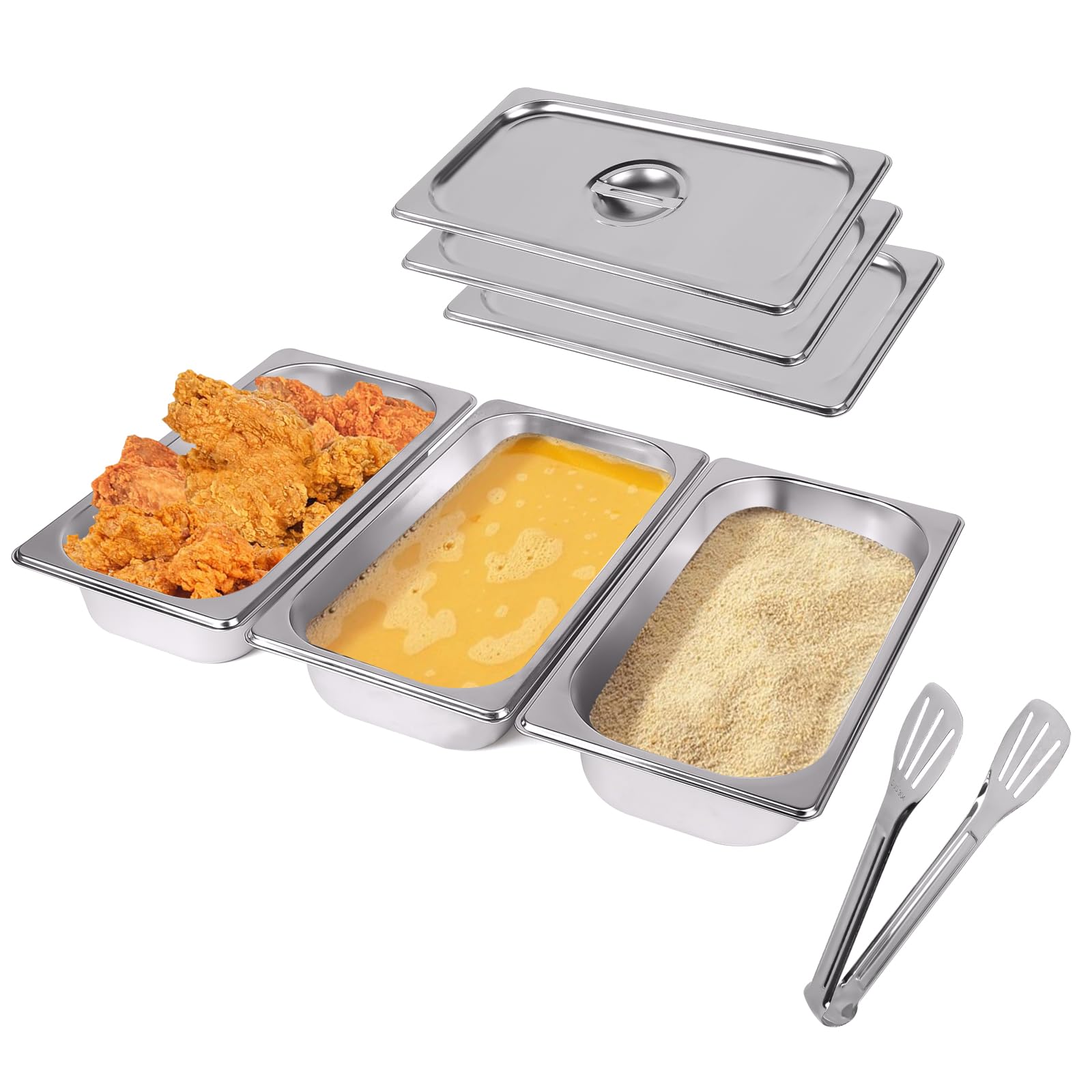 EXLECO Set di 3 Contenitor Rettangolari in Acciaio Inox con Coperchio e Pinze Cucina 32,5 x 17,5 x 6,5 cm Contenitore GN 1/3 Contenitori Gastronorm Acciaio Inox Ciotole Rettangolare per Impanare, Cibo