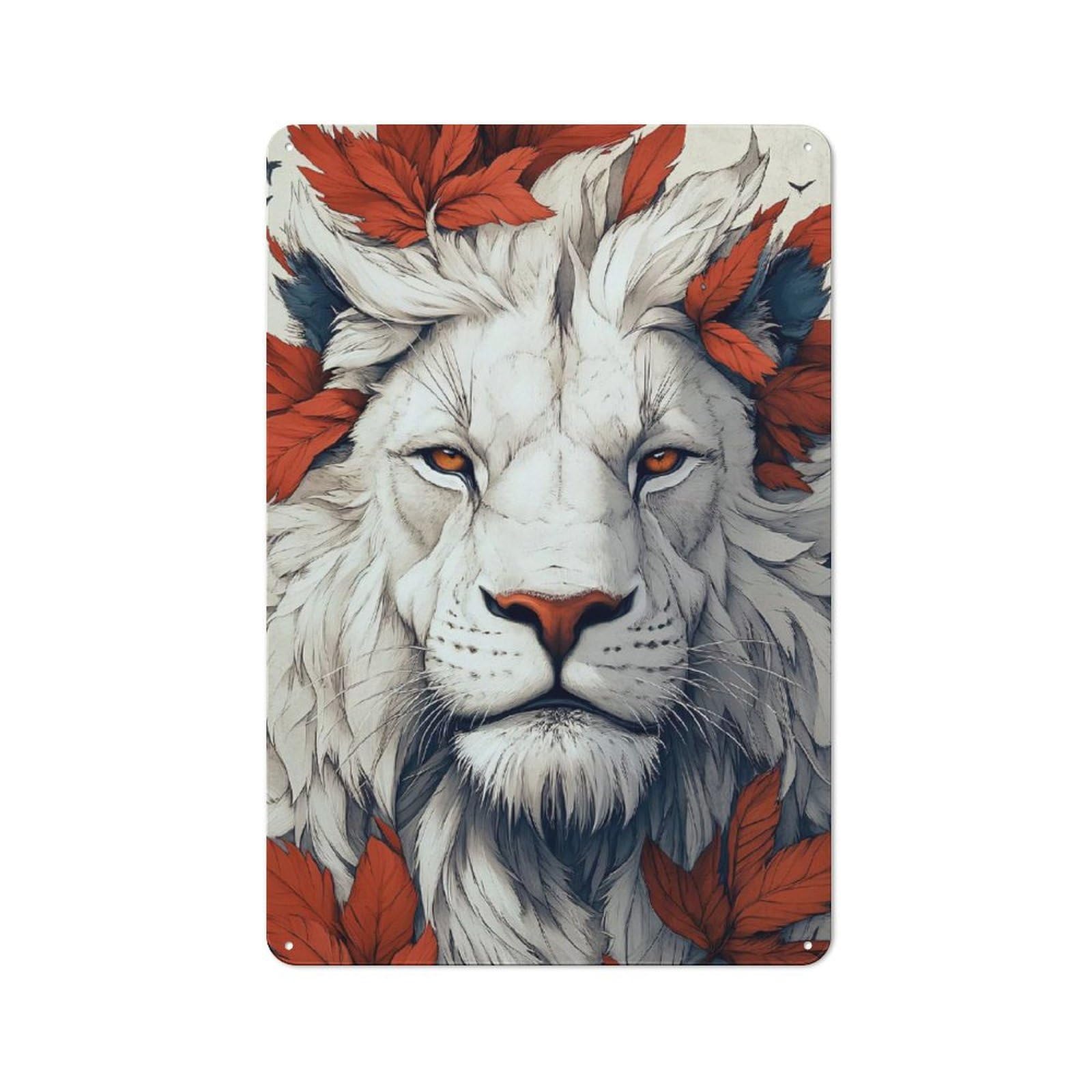 Junmoney Style-22 White Lion With Autumn Leaves Portrait Rustic Tin Sign 30X20cm For Lounge Or Reading Corner, For Metal Sign Collectors, For Cafés, Pubs And Restaurants
