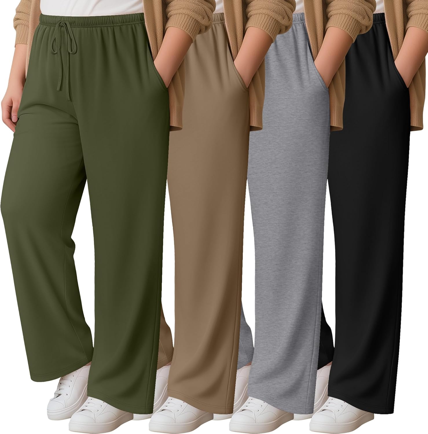4 Pack Women's Plus Size Lounge Pants with Pockets, Wide Leg Yoga Loose Drawstring Pants Casual Sweatpants Jogger