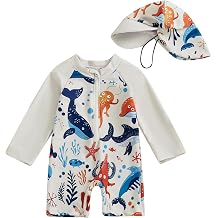 Toddler Baby Boy Girls One Piece Swimsuit Long Sleeve Zipper Bathing Suit with Hat Infant Rash Guard Swimwear