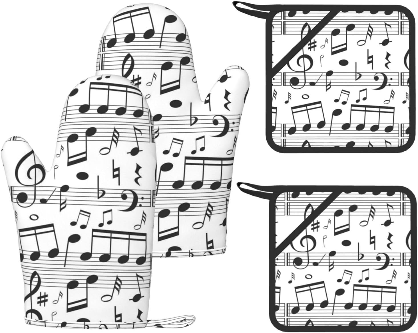 Music Note Oven Mitts and Pot Holders Set of 4 Heat Resistant Kitchen Gloves with Silicone Palm Hot Pads for Baking Cooking Grilling BBQ